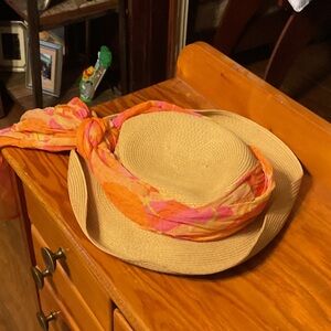 Straw Hat with Orange and Pink Scarf